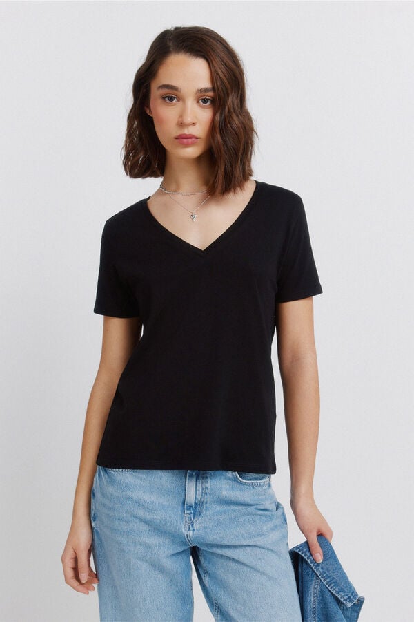 Springfield Cotton basic V-neck T-shirt black