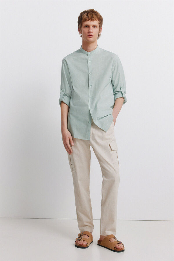 Springfield Linen mandarin collar shirt green