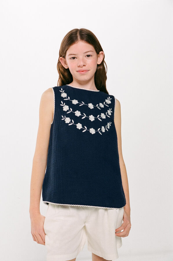 Springfield Girl's floral embroidered top steel blue