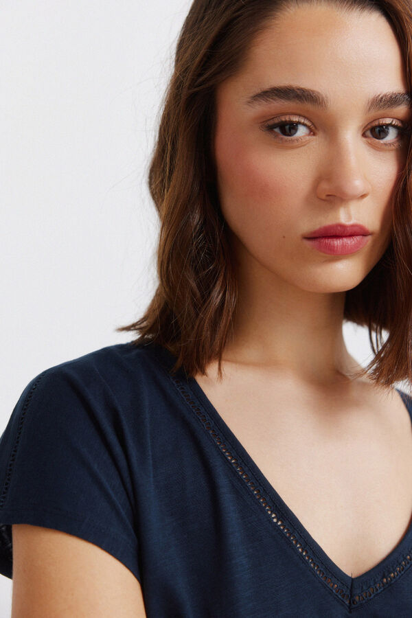 Springfield T-shirt col en V en dentelle bleu