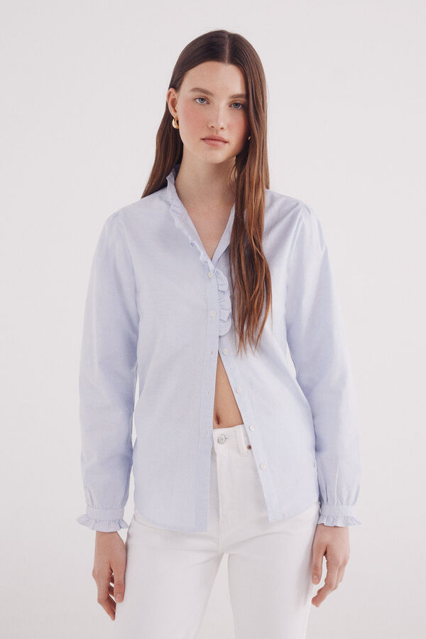 Springfield Oxford blouse with ruffle neck blue