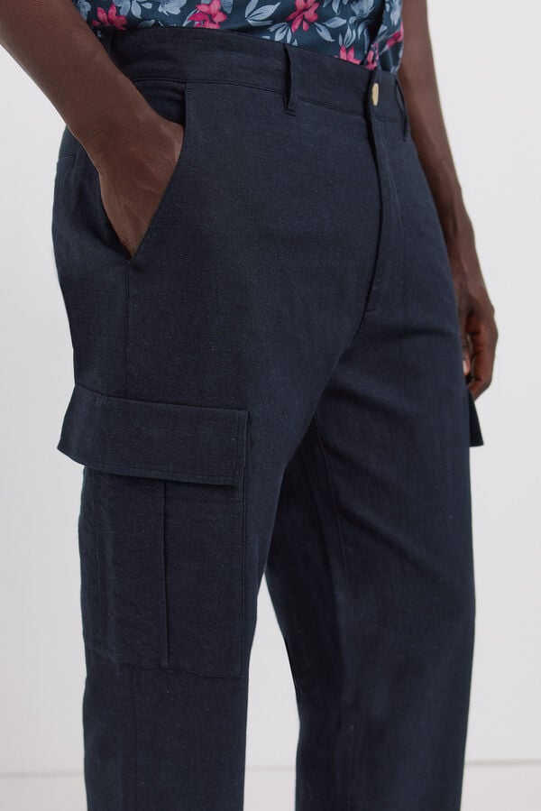 Springfield Linen comfort slim fit cargo trousers blue