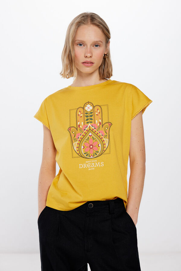 Springfield Majica sa printom, čipkom i kuglicama zlatna