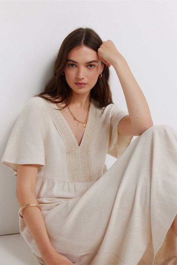 Springfield Crochet linen midi dress nude