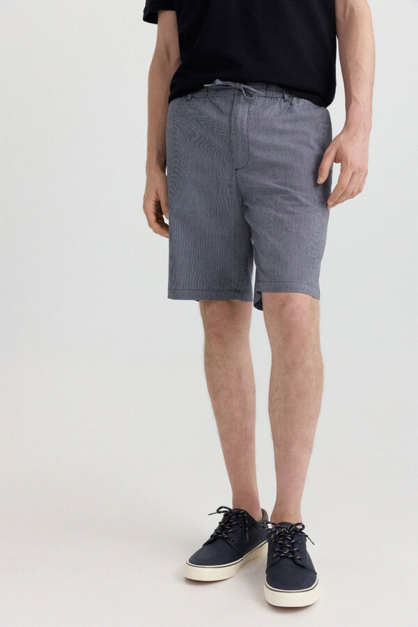 Springfield Bermuda micro-ray&eacute;e en lin coupe slim fit bleu