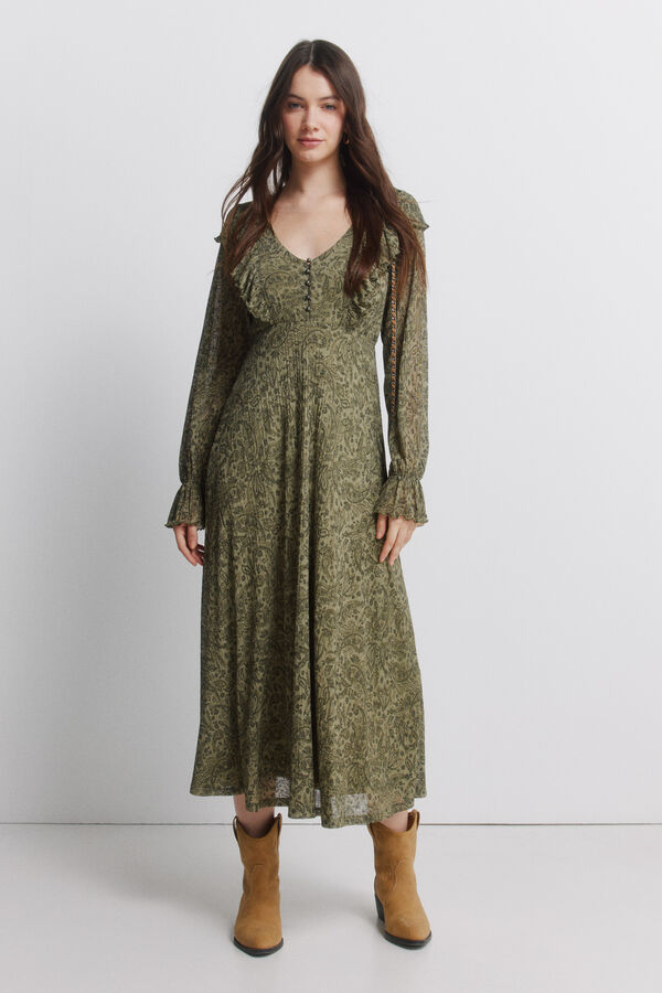 Springfield Green print dress beige