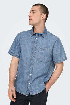Springfield Camisa de hombre estilo chambray de manga corta azul indigo
