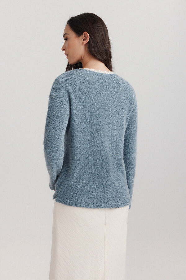 Springfield Lace V-neck fine knit jumper blue