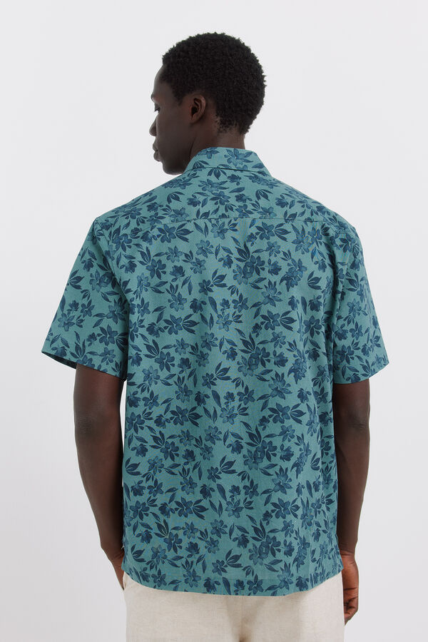Springfield Printed linen short sleeve shirt blue