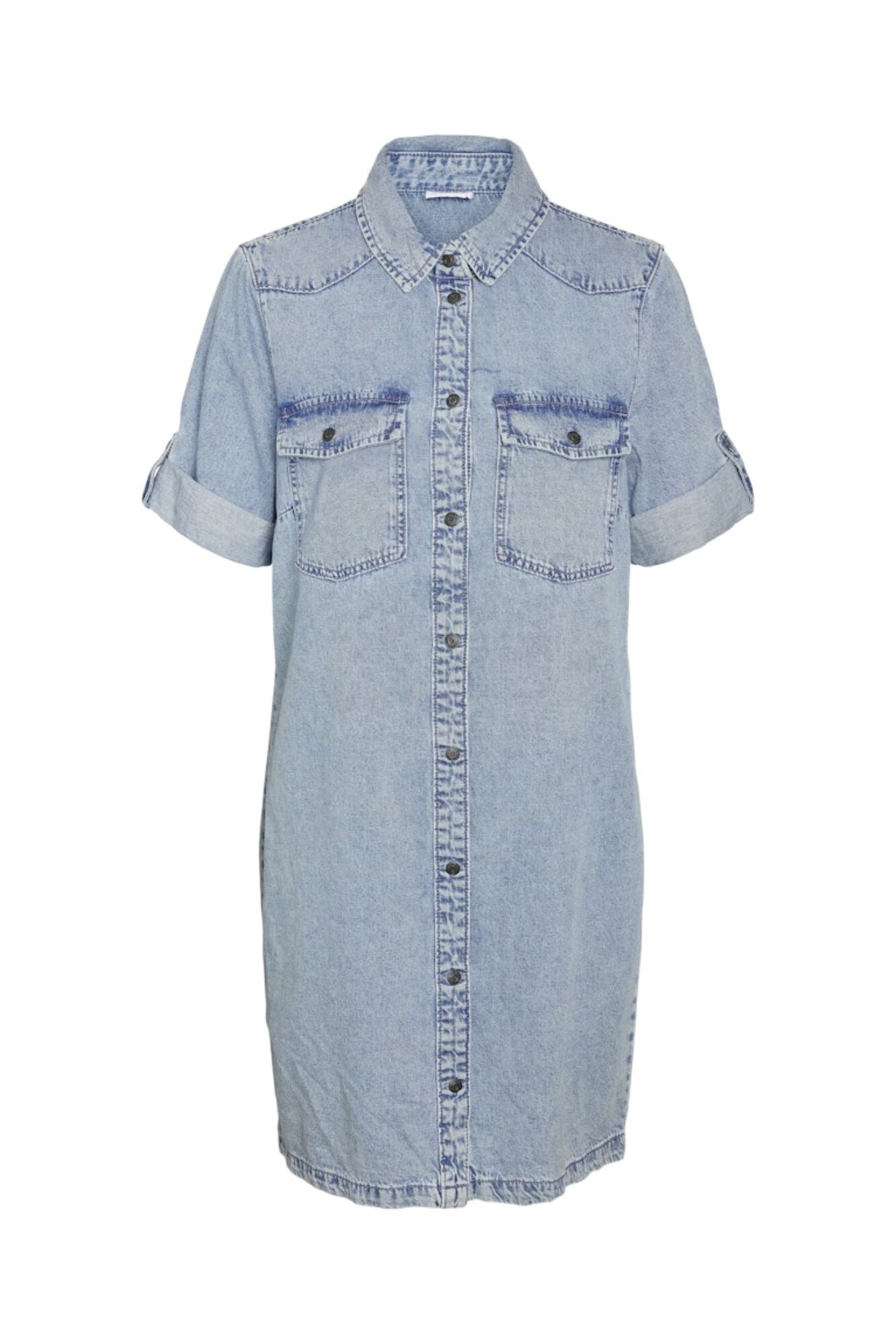 Noisy May Vestido corto vaquero con manga corta, cuello y bolsillos frontales