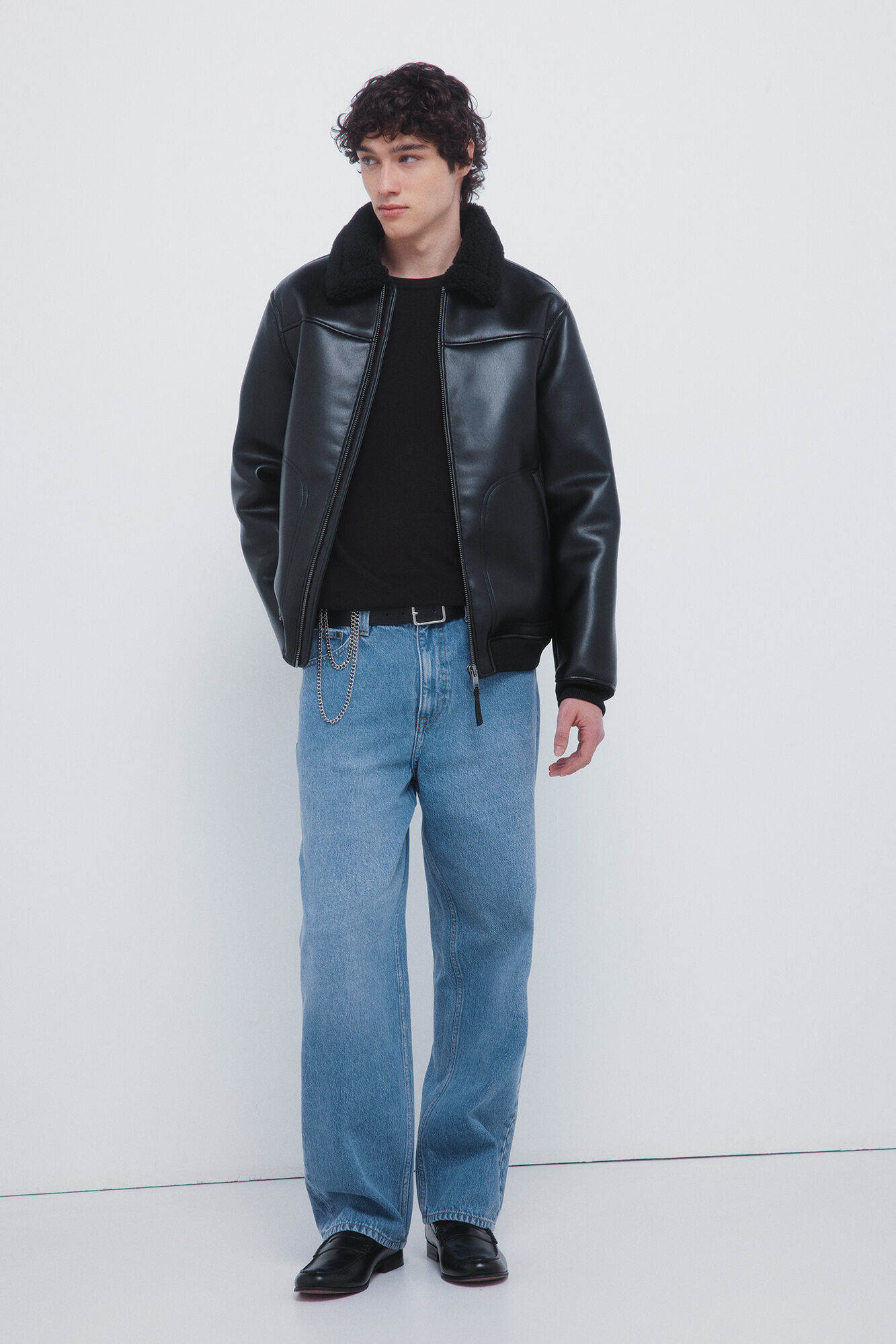 Double-sided leather -effect aviator jacket