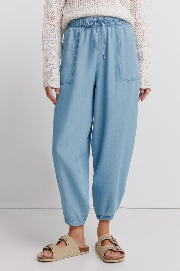 Springfield Tencel denim elasticated trim trousers blue