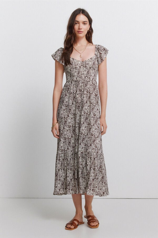 Springfield Paisley print ruffle dress beige