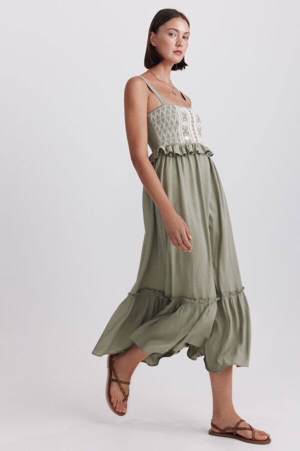 Springfield Embroidered strap midi dress beige