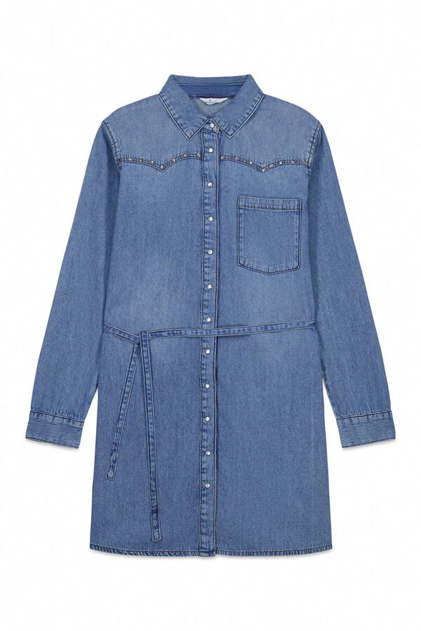 Springfield Denim short belted dress albastru