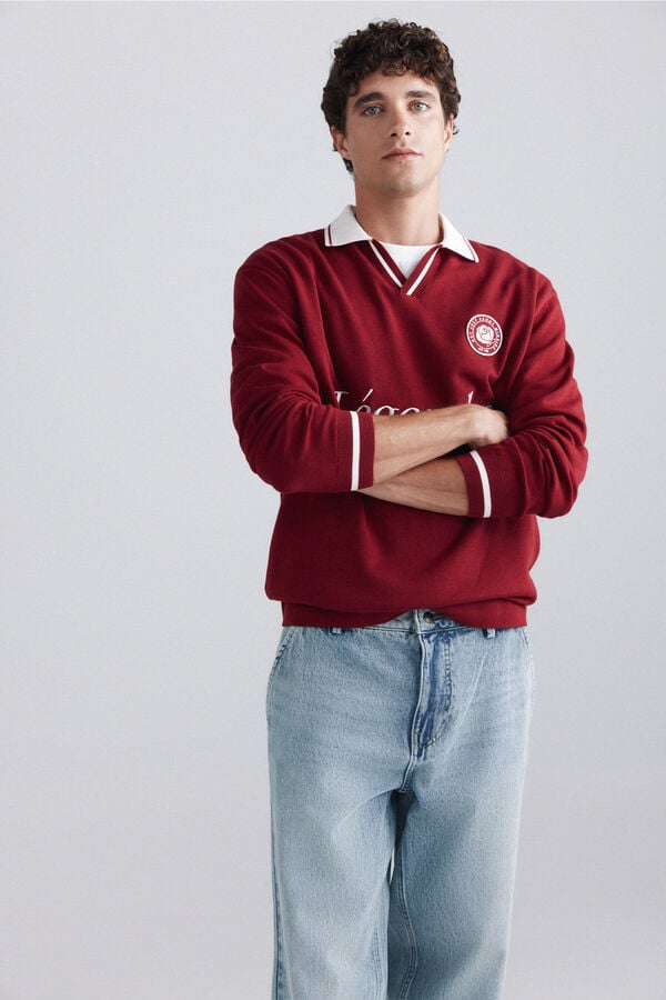 Springfield Slogan knit polo shirt burgundy