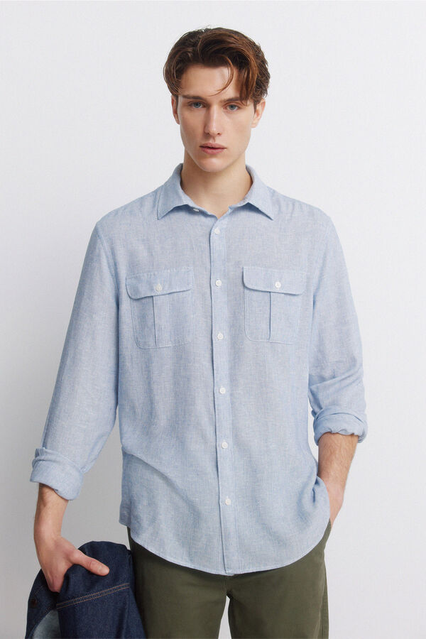 Springfield Linen viscose pockets T-shirt blue