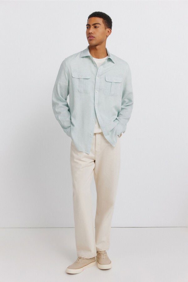 Springfield Linen viscose pockets T-shirt green