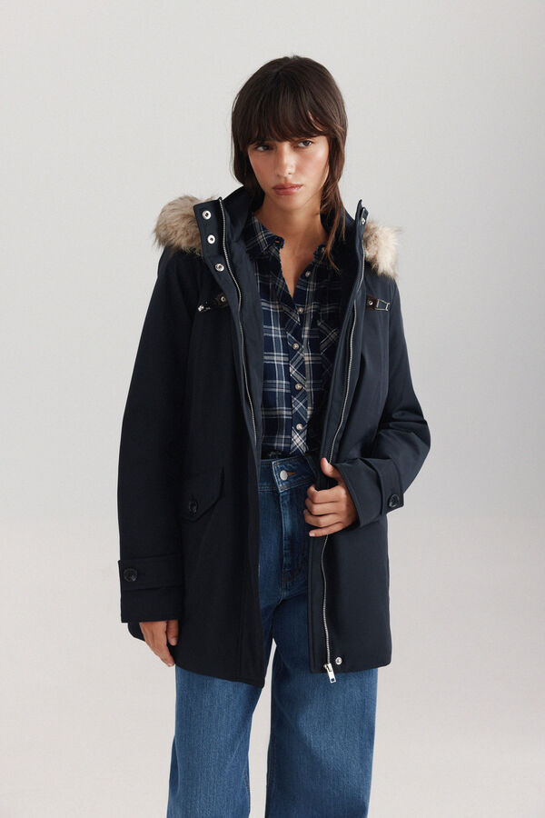 Springfield Parka with fur hood and buckle blue