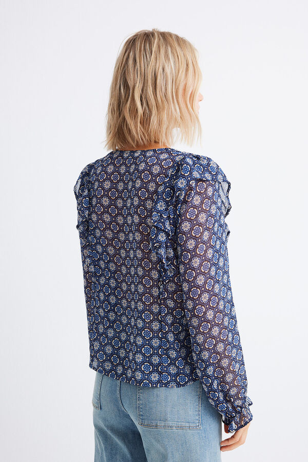 Springfield Printed ruffled chiffon blouse petrol