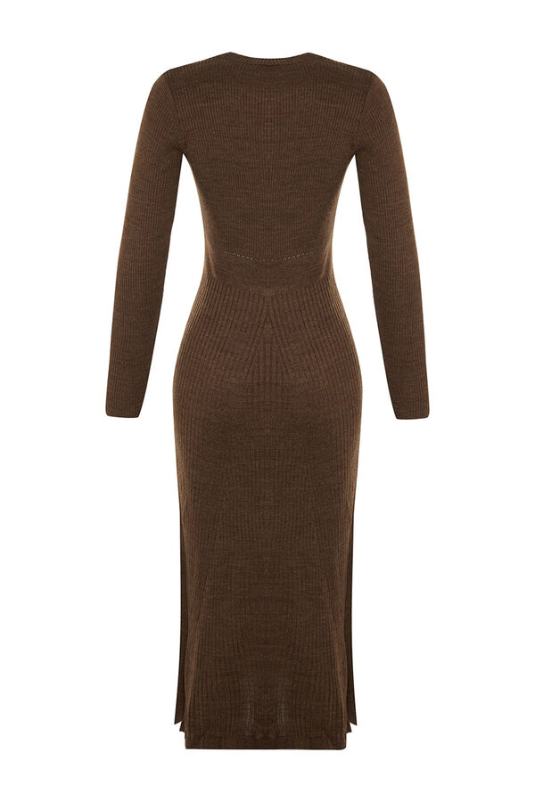 Trendyol Fitted knit long sleeve midi dress nude