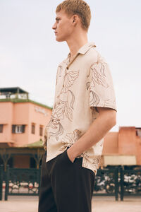 Springfield Camisa de manga curta estampada em linho e viscose