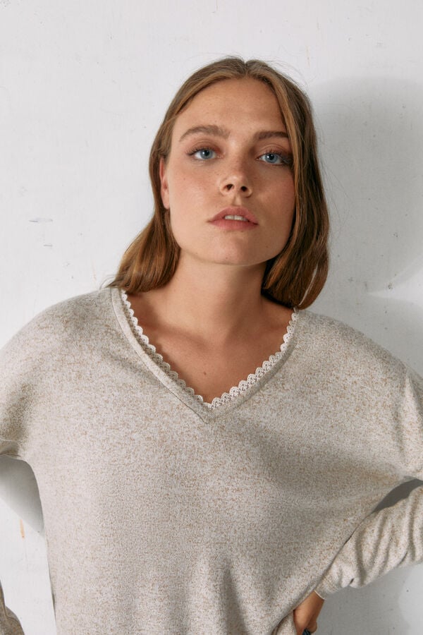 Springfield Cut jersey-knit T-shirt with lace neckline smeđa