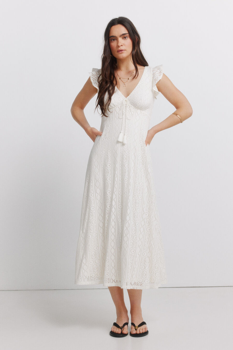 Vestido midi manga corta volantes