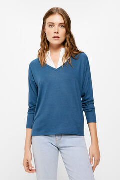 Springfield T-Shirt Materialmix Kragen Rüschen Blau
