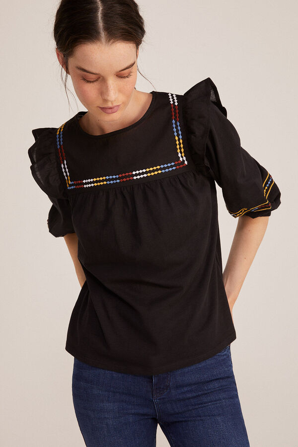 Springfield Two-material ethnic embroidery blouse black