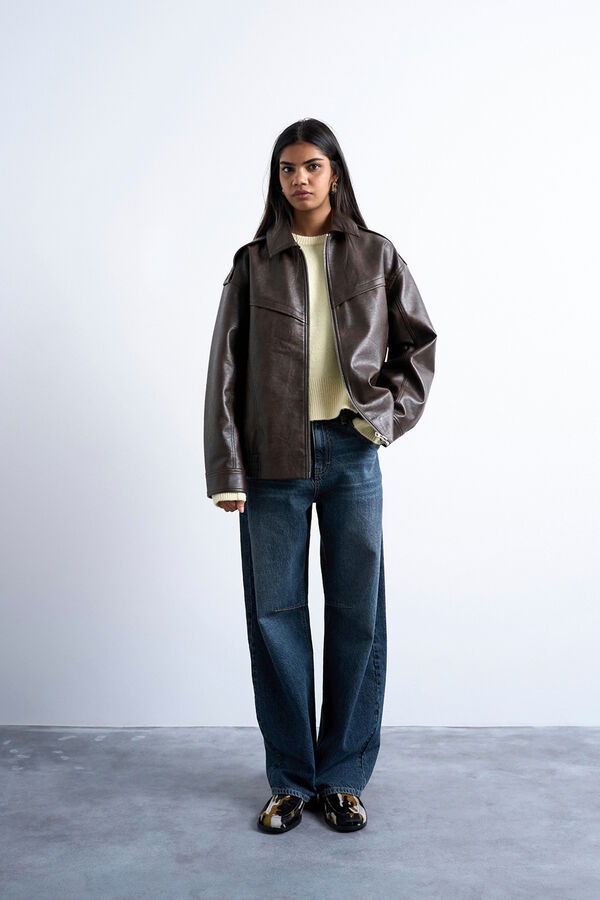 Topshop Short jacket with coated finish (polyurethane coating) Braon