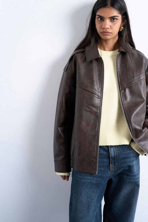 Topshop Short jacket with coated finish (polyurethane coating) Braon