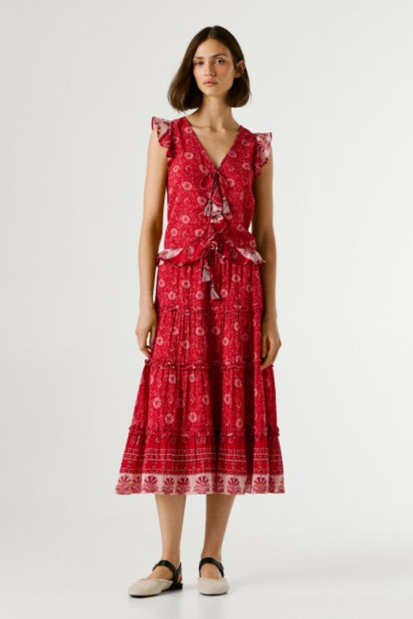 Pepe Jeans Long skirt with elasticated bands red