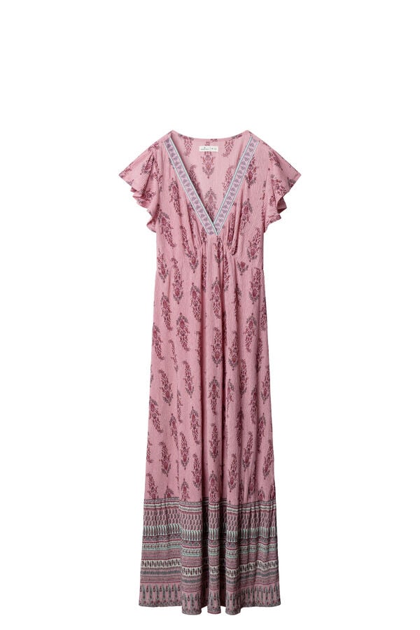 Springfield Vestido midi com folhos estampado sanefa rosa