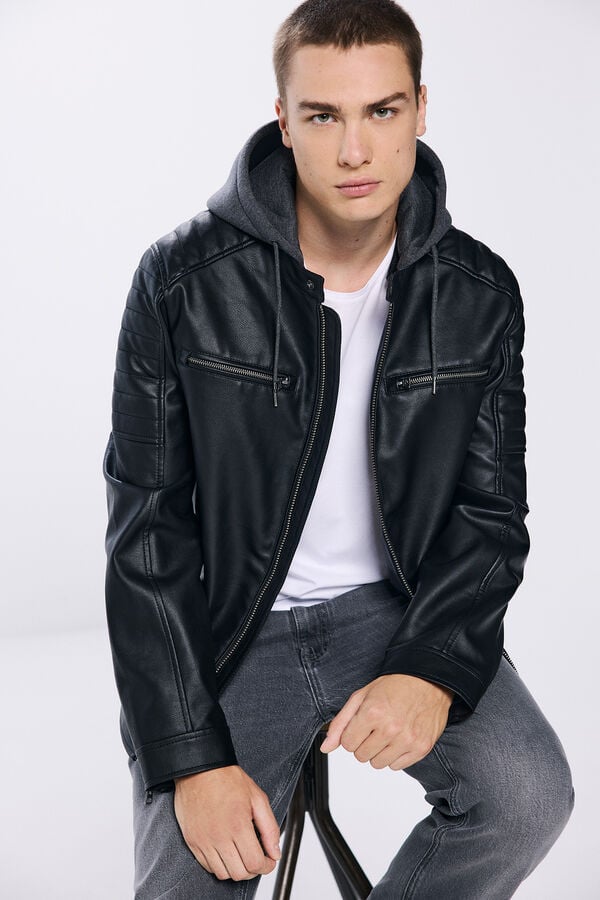 Springfield Faux leather jacket with hood crna