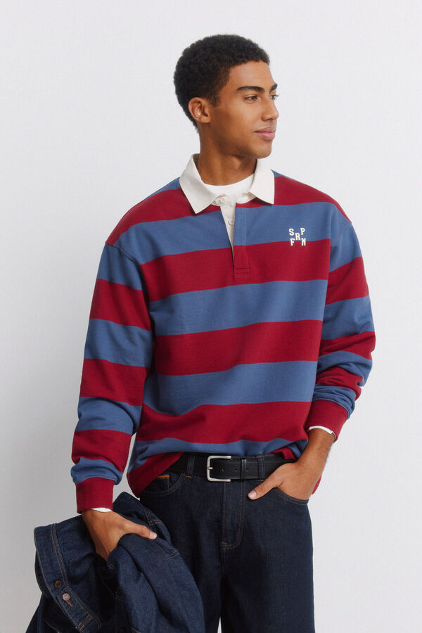 Springfield Striped long sleeve rugby polo shirt blue