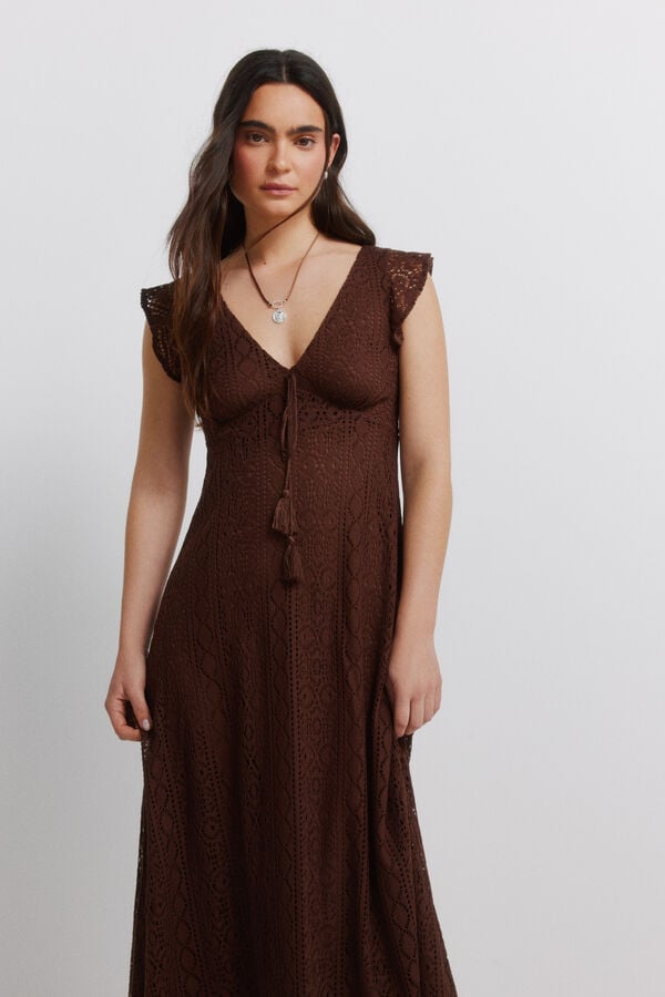 Springfield Robe midi &agrave; manches courtes &agrave; volants marron