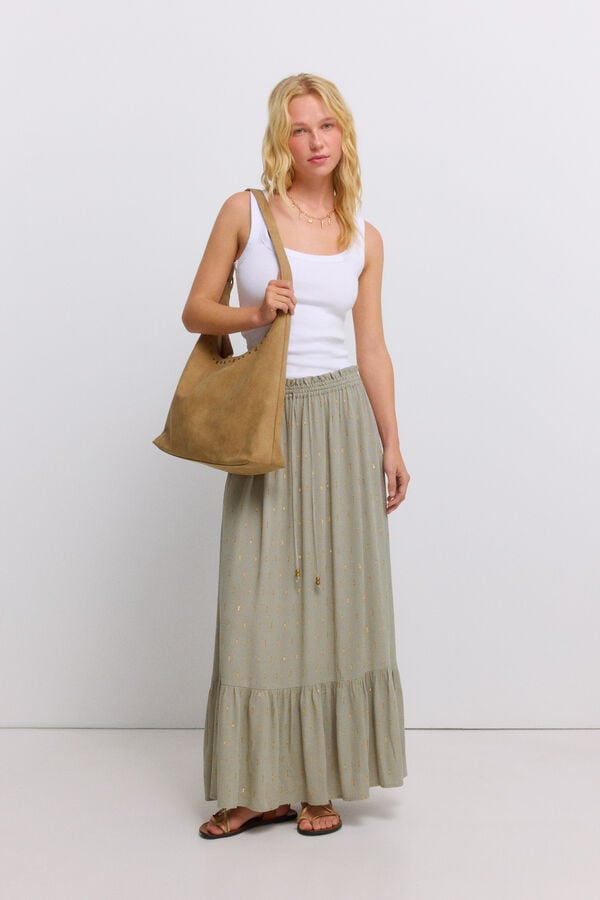 Springfield Lurex ruffle long skirt beige