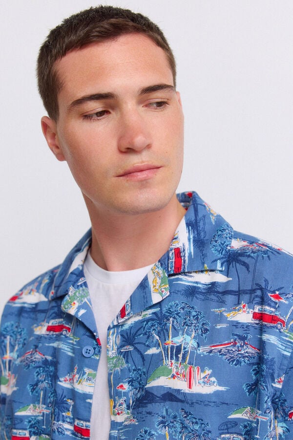 Springfield Chemise manches courtes bowling imprim&eacute;e bleu