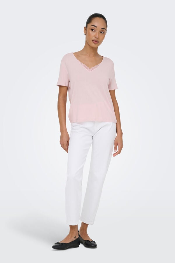 Only Kurzarm-Spitzen-T-Shirt Rosa