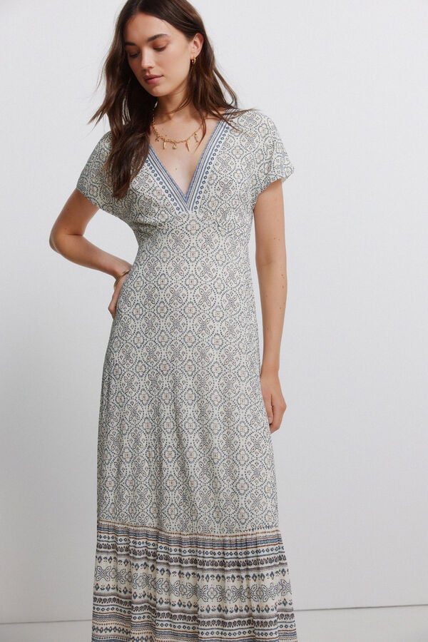 Springfield Border print V-neck dress beige