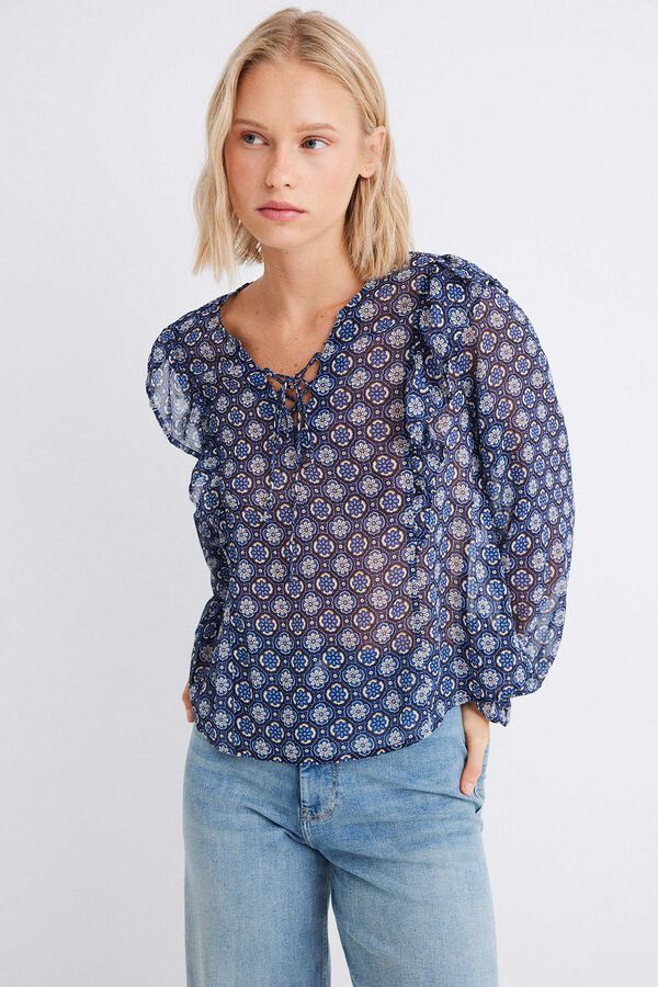 Springfield Blouse imprimée en mousseline à volants petrol