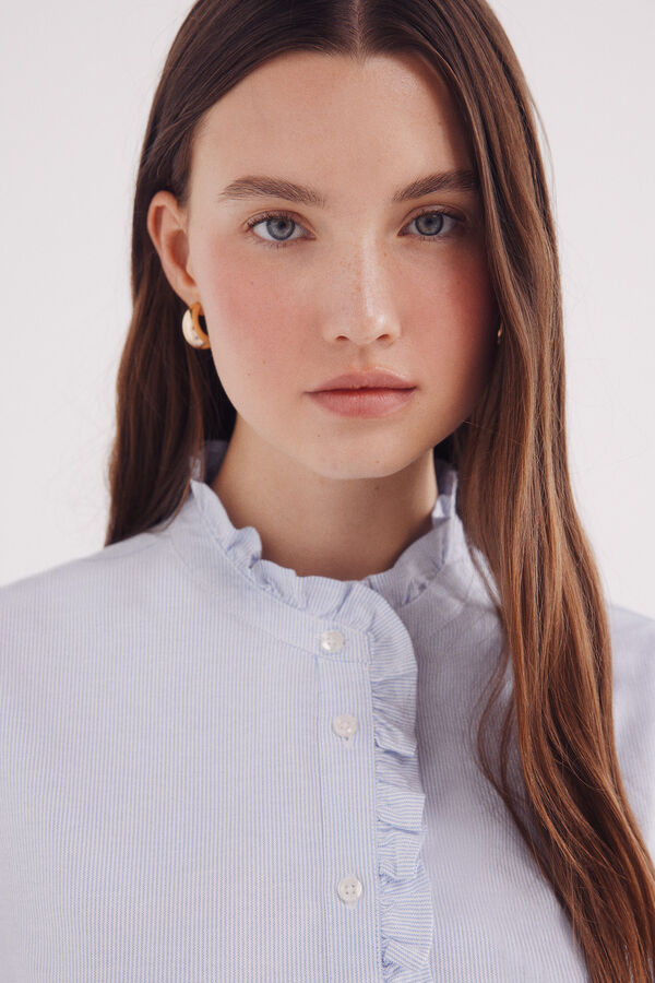 Springfield Oxford blouse with ruffle neck blue