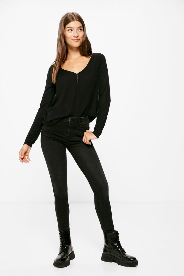 Springfield Two-material Button Neckline T-shirt black