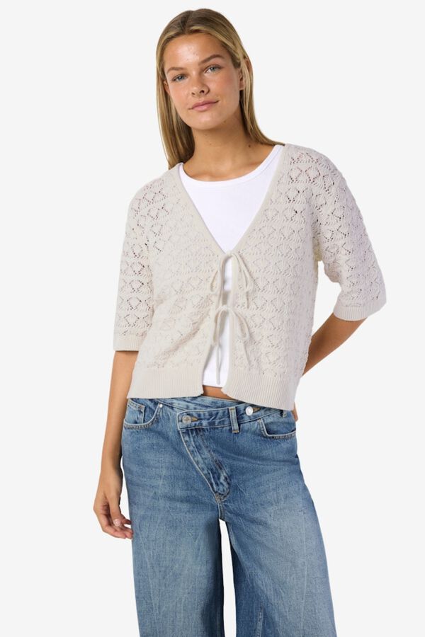 Noisy May Pointelle knit tie top grey