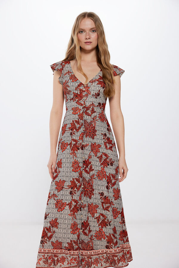 Springfield Printed buttoned midi dress brown