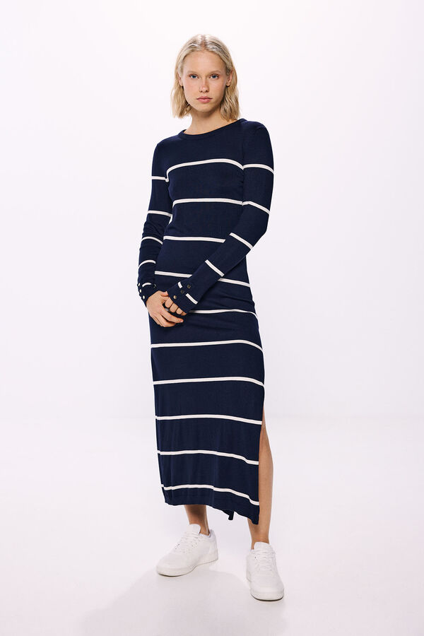 Springfield midi jersey-knit dress with buttons and cuffs navy