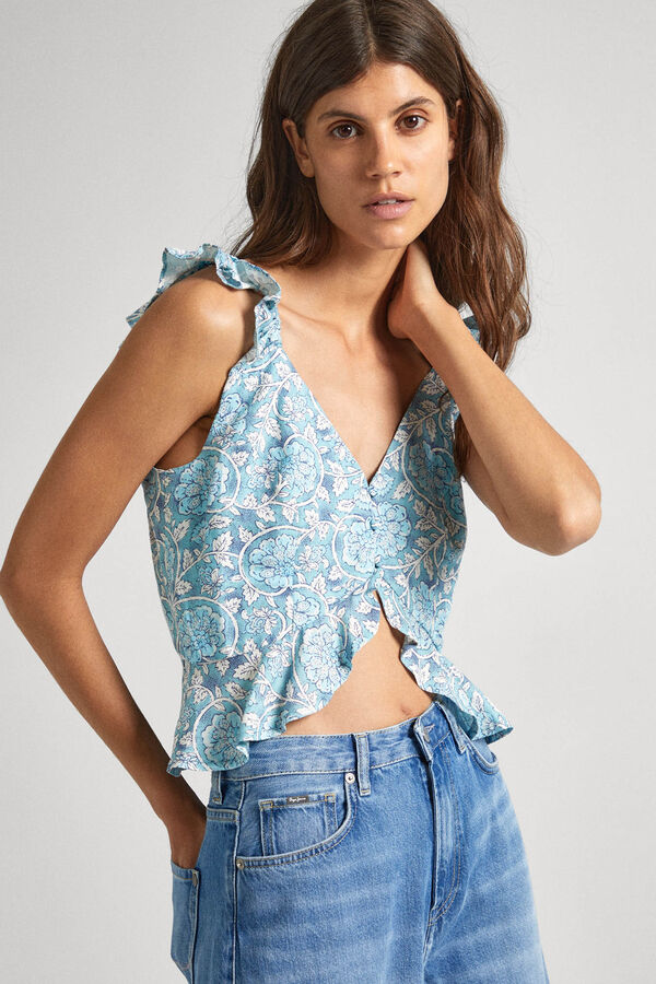 Springfield Printed linen top turquoise
