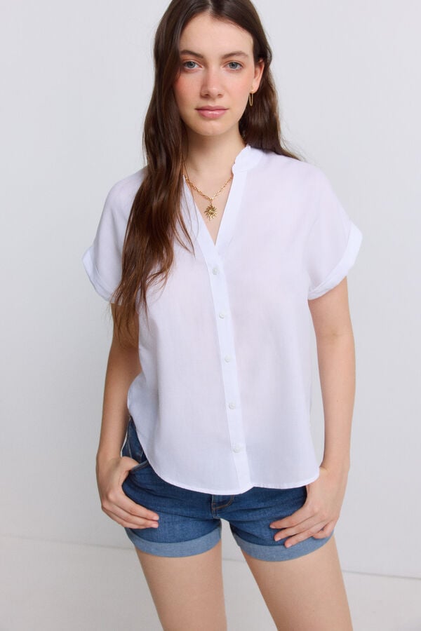 Springfield Mandarin collar ruffle blouse white