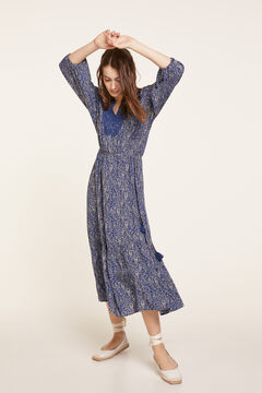 Springfield Printed Midi Dress with Lace Neckline blue